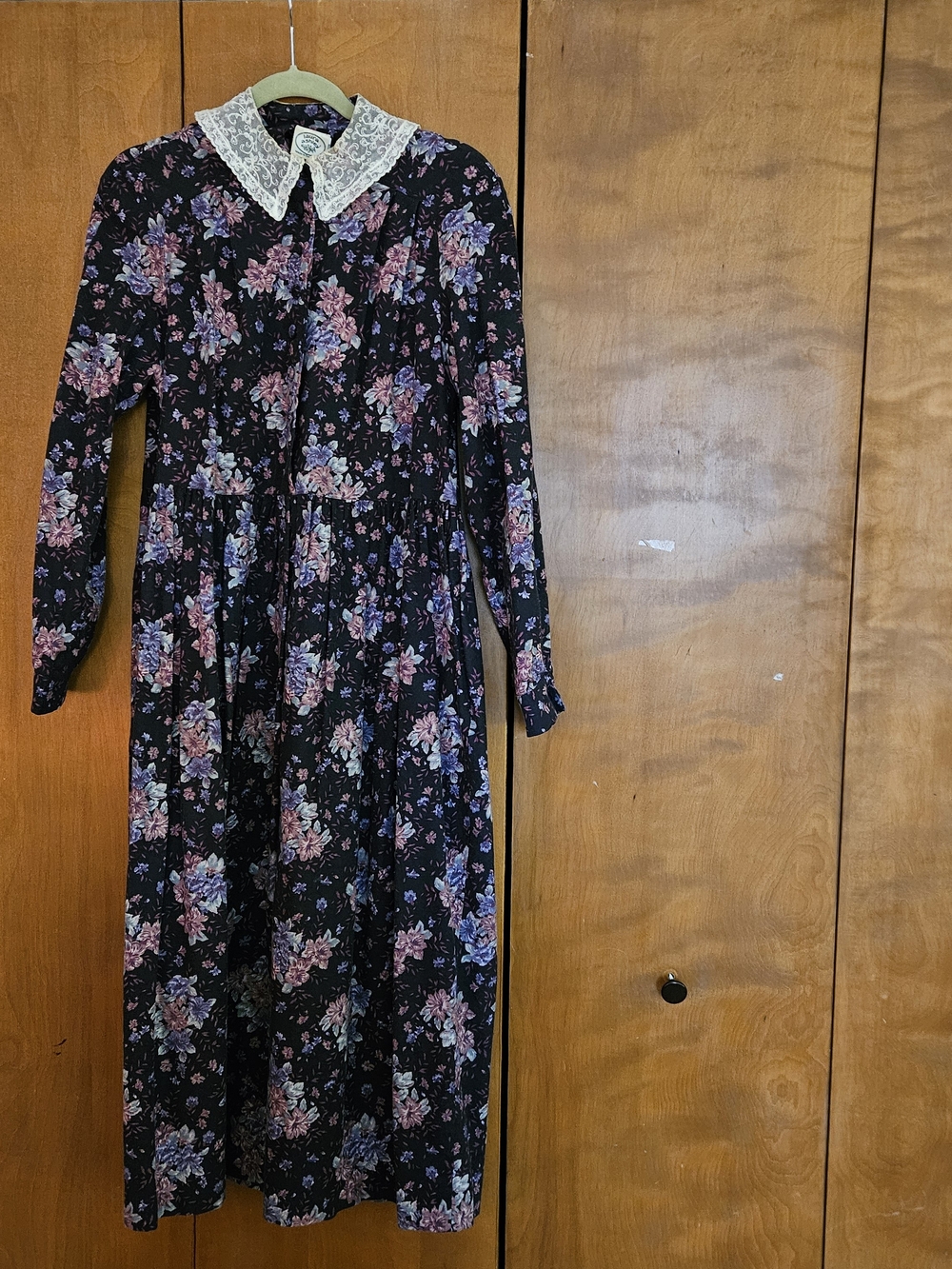 Laura Ashley Black Floral Midi Dress with Pink Accents Lace Collar 1990s